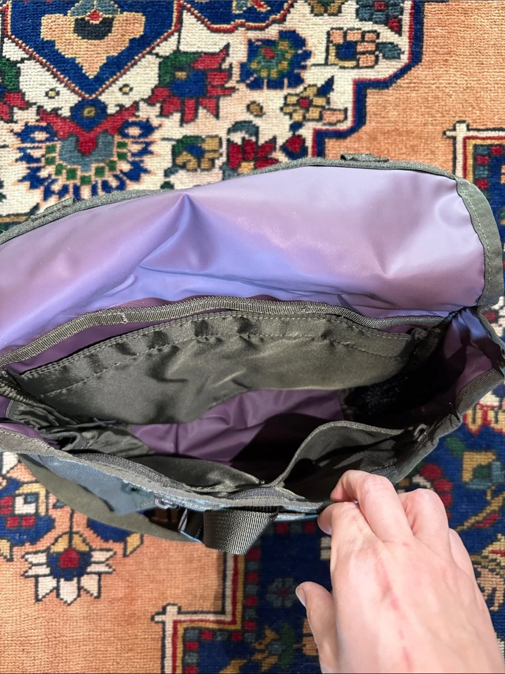 Timbuk2 Olive Green Messenger Bag with Purple Buckle Accent